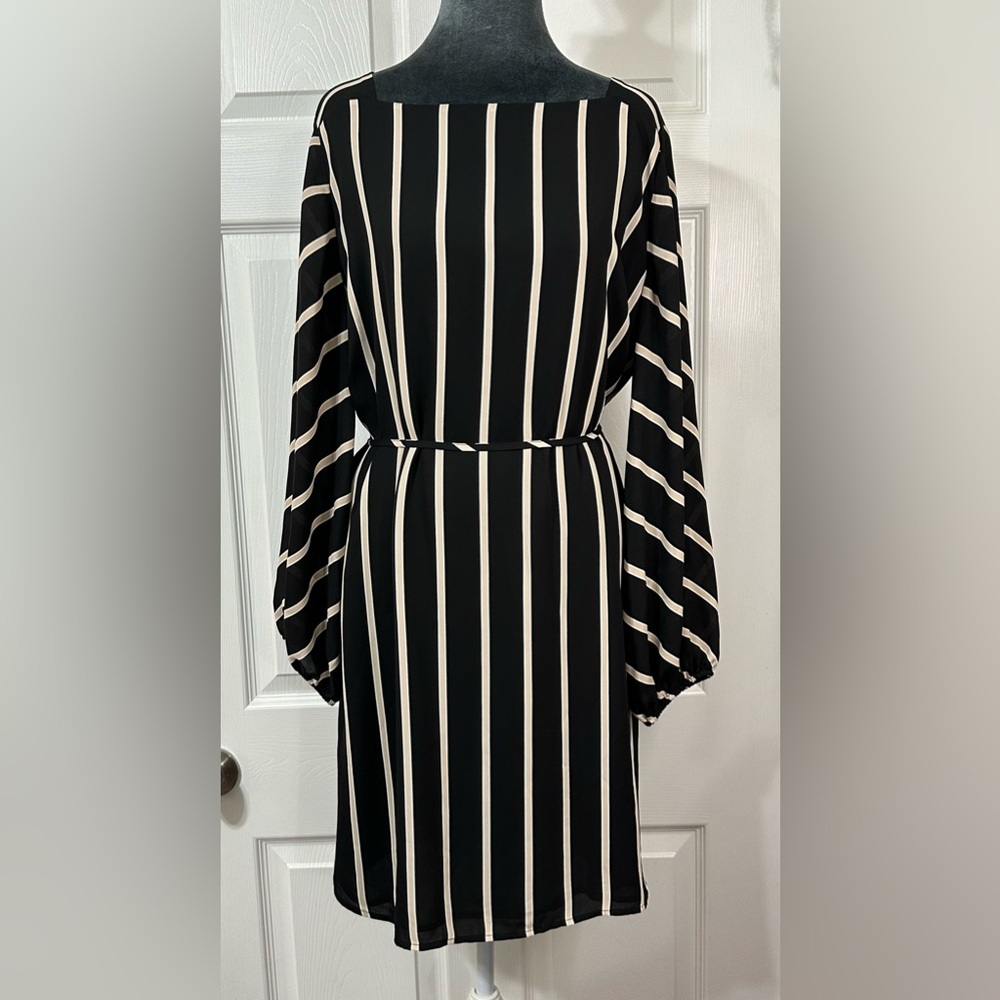 LOFT Black and Cream Striped Long Sleeve Dress